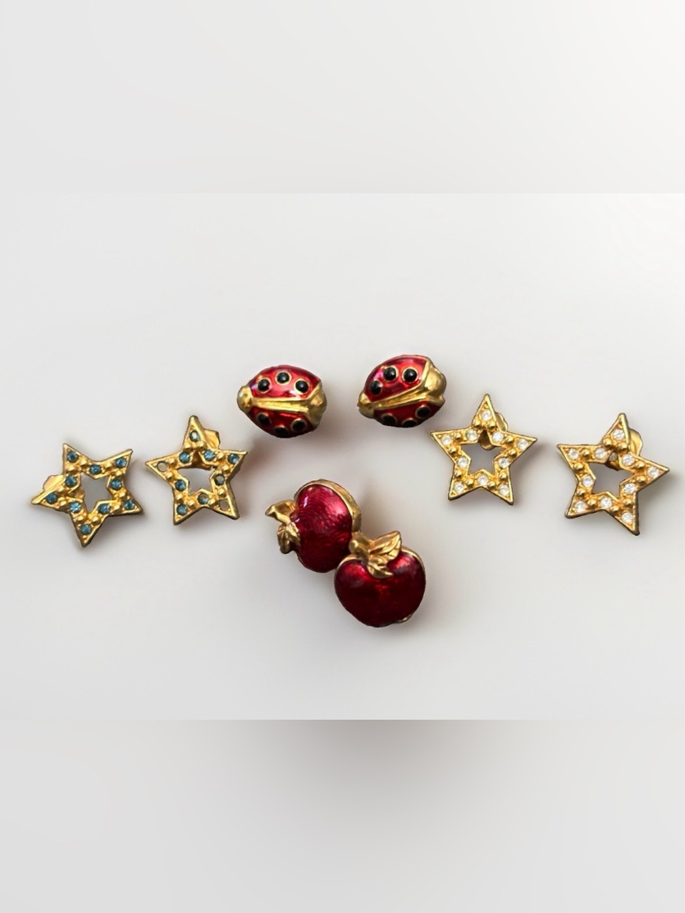 Lot Earrings Jewelry Studs Red Ladybugs Apples Blue Stones Clear Stones Stars 4p